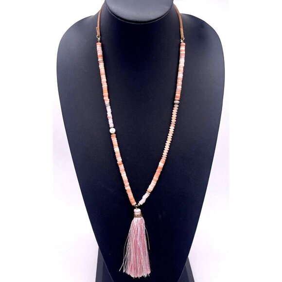 Serefina Pink Peach Quartz Statement Tassel Pendant Necklace Adjustable - Picture 1 of 6